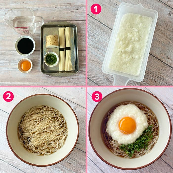 つけ汁、麺の材料と準備手順3ステップを示した画像。最終はそうめんにとろろ、卵黄と小ネギがのっている状態。