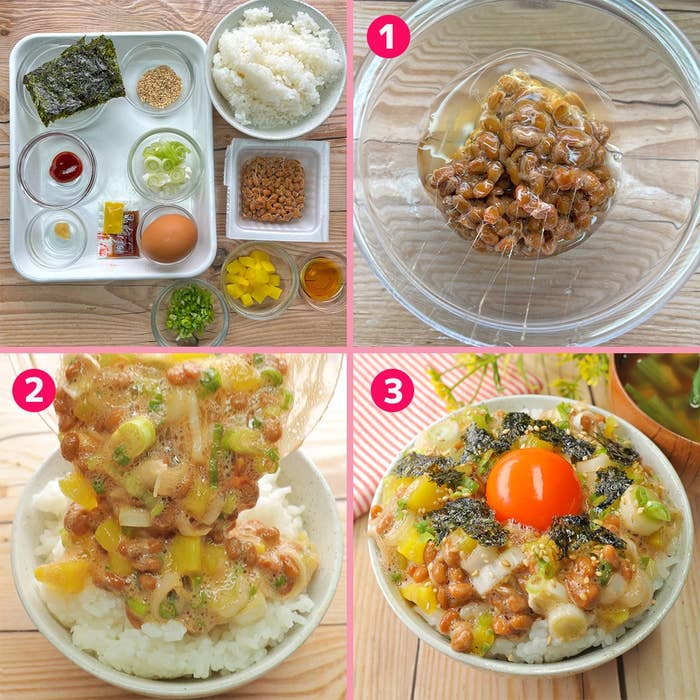 4コマ写真: 納豆、卵、調味料を順番に混ぜ、ご飯に注ぐ調理手順を示しています。
