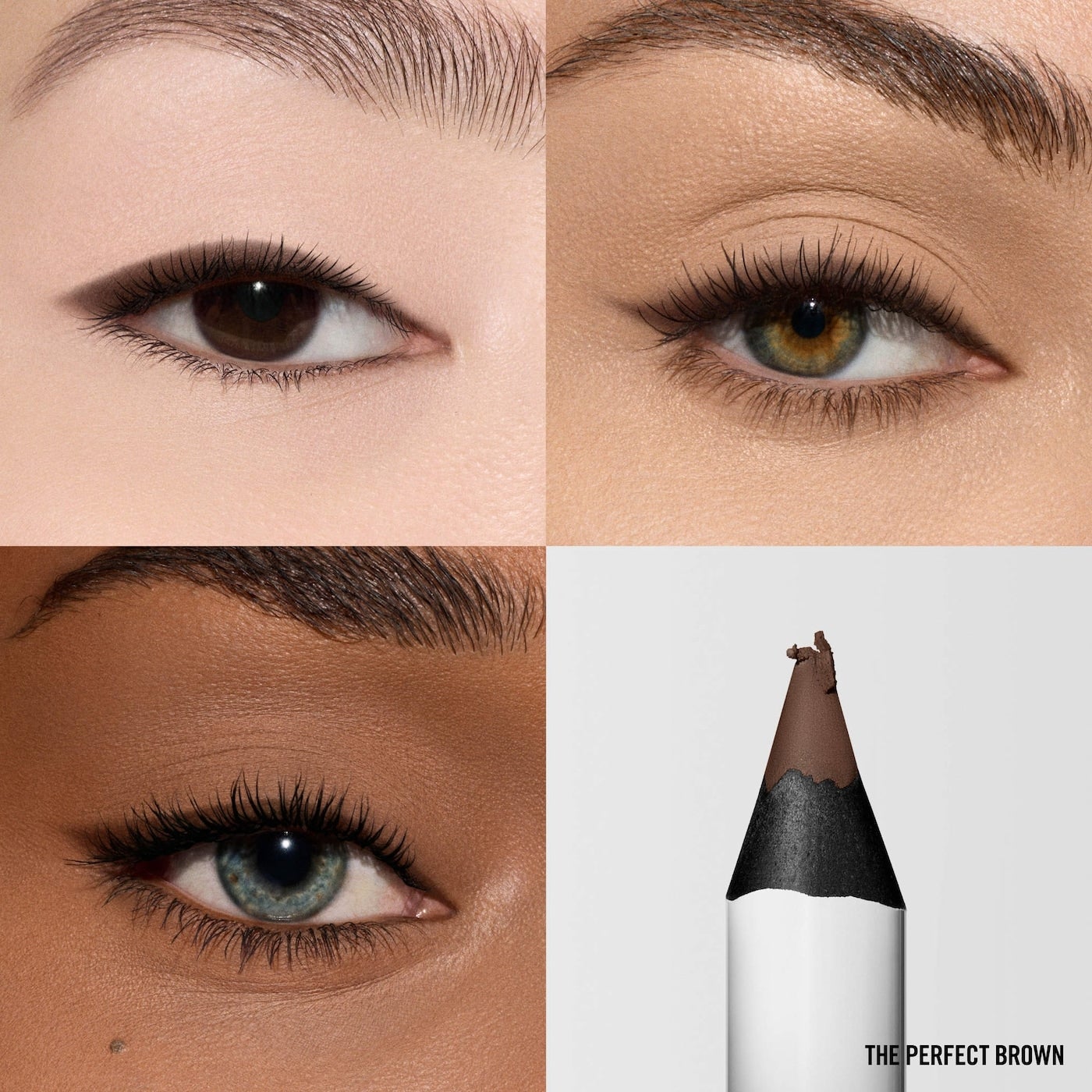 Four images amusement   eyes with eyeliner, positive  a close-up of a brownish  eyeliner pencil