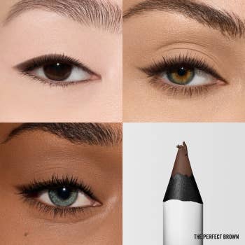 Four images amusement eyes with eyeliner, positive a close-up of a brownish eyeliner pencil