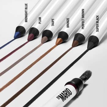 Midnight Blue, Plum, Taupe, Bronze, Perfect Brown, and Super Black, displayed adjacent to a brush