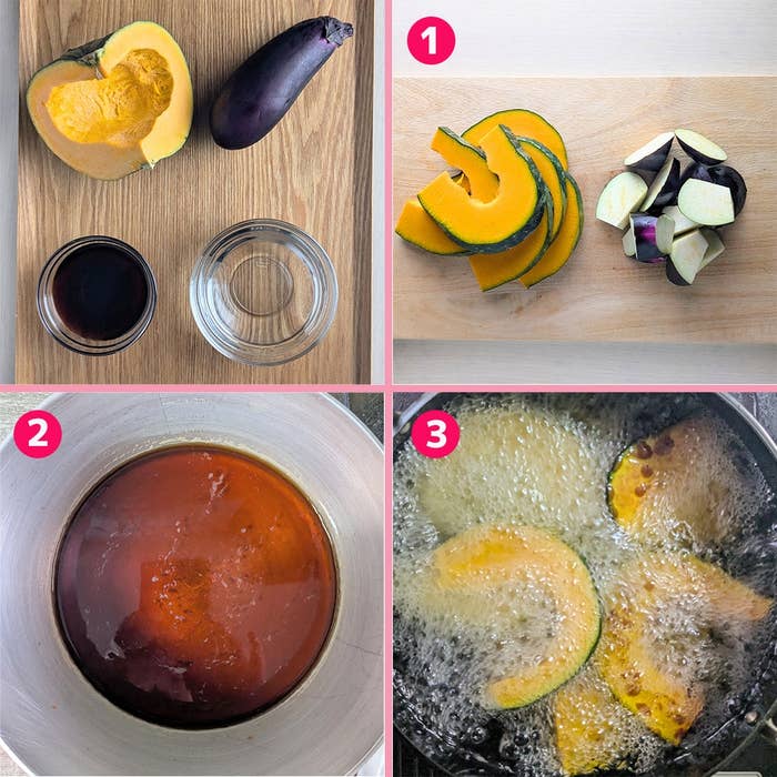 カボチャとナスの調理手順を示す画像。1. 野菜の準備。2. ソース調合。3. カボチャを油で揚げる。