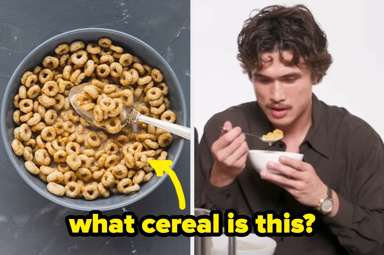 Bowl of oat cereal with spoon on left; person eating cereal with curiosity on right; text asks, "what cereal is this?"