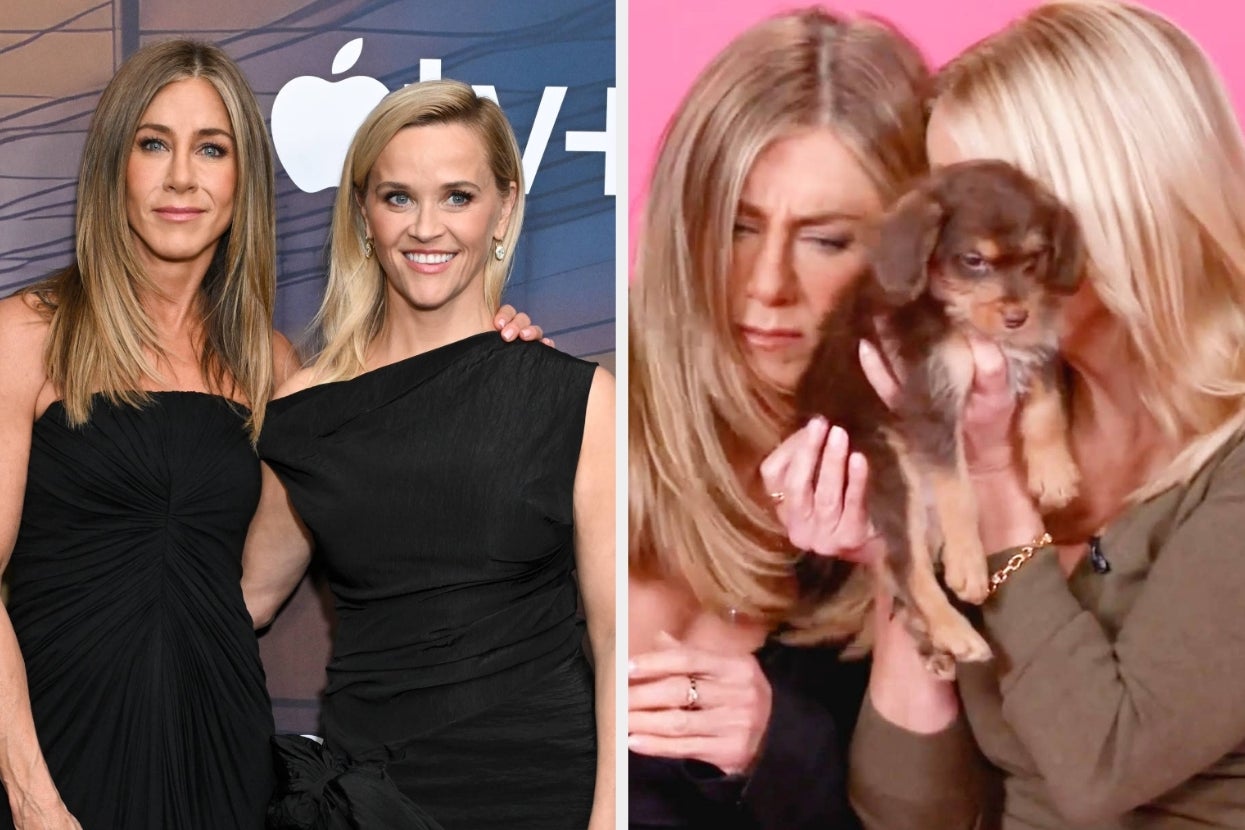 Reese Witherspoon and Jennifer Aniston on a red carpet and Reese and Jen whispering while holding a puppy