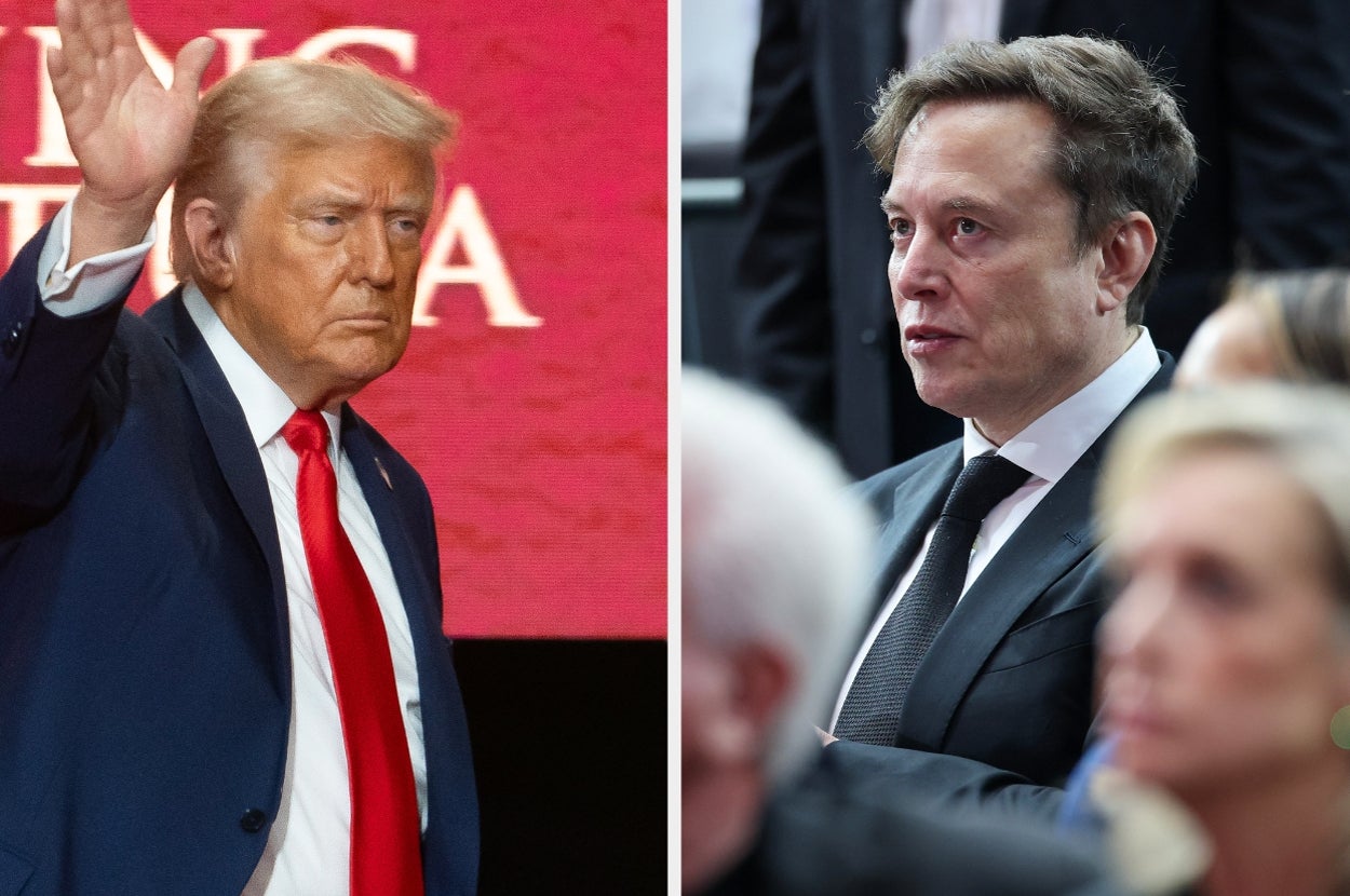 Two men are at separate events. One is waving in a suit with a red tie; the other is seated, wearing a dark suit and white shirt