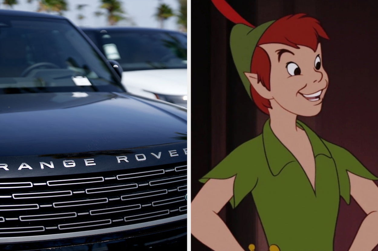 Left: Close-up of a Range Rover grille. Right: Animated character Peter Pan smiling with hands on hips