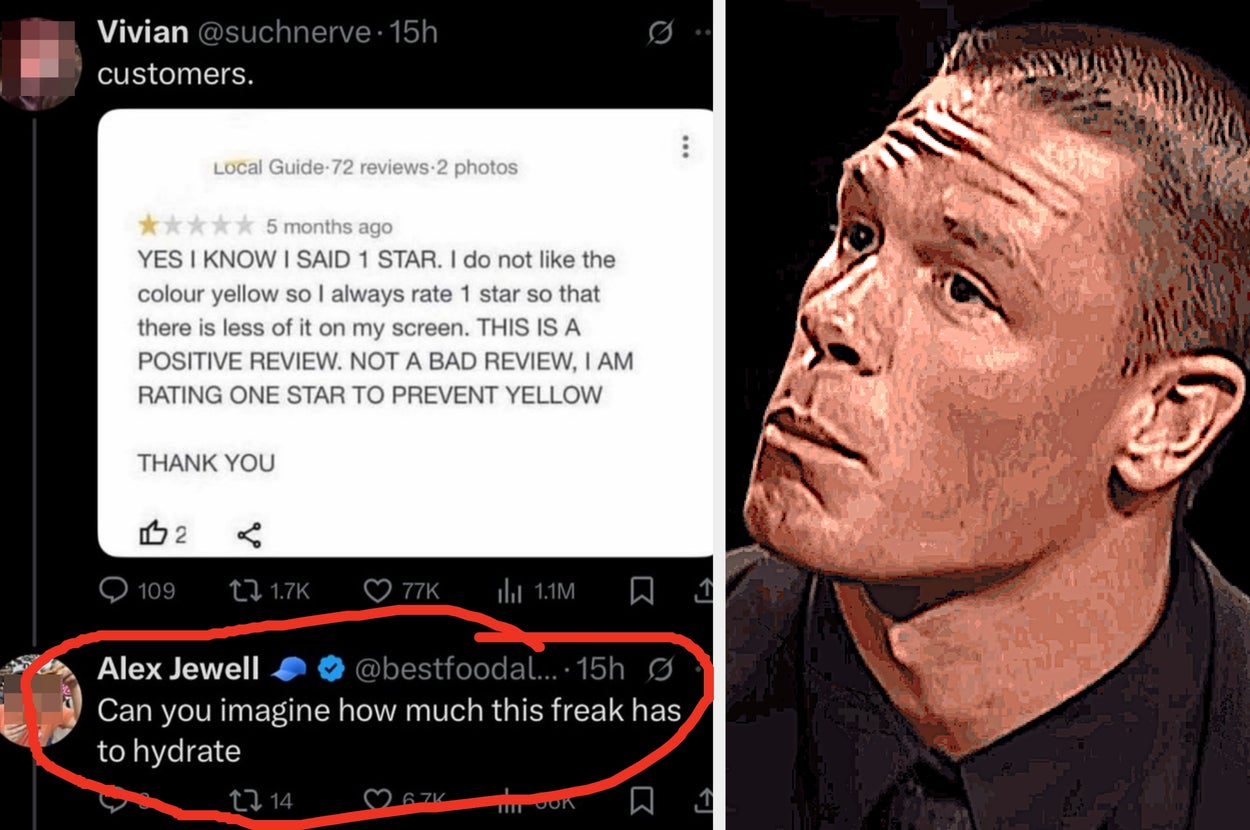 Side-by-side: A screenshot of a playful review and an edited photo of a concerned-looking person