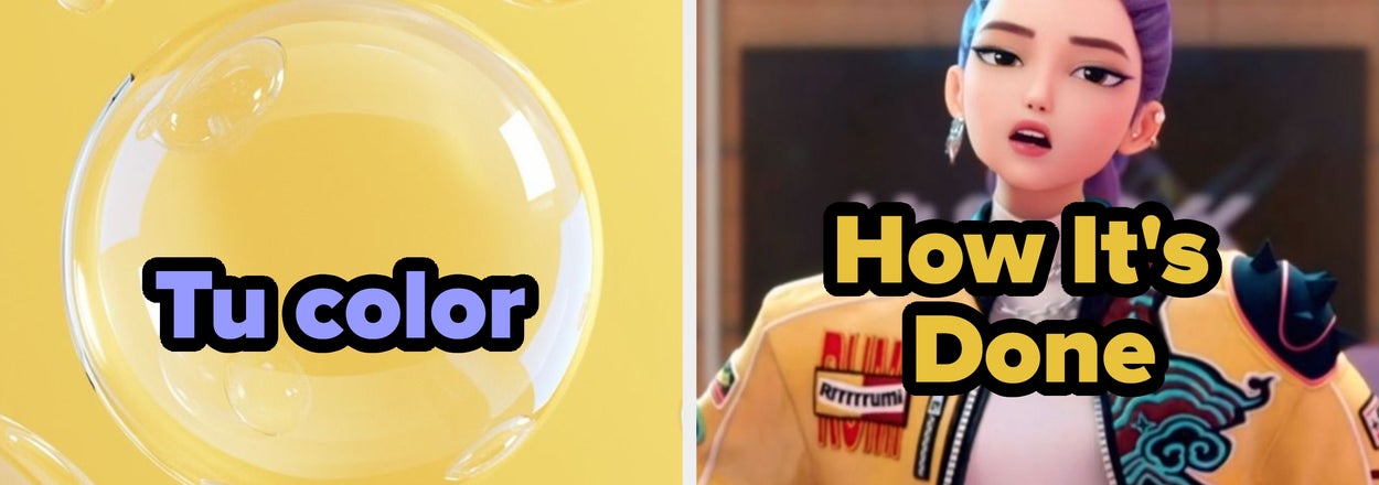 Left: "Tu color" on a soapy bubble background. Right: Animated character with purple hair, wearing a biker jacket and crop top, text "How It's Done."