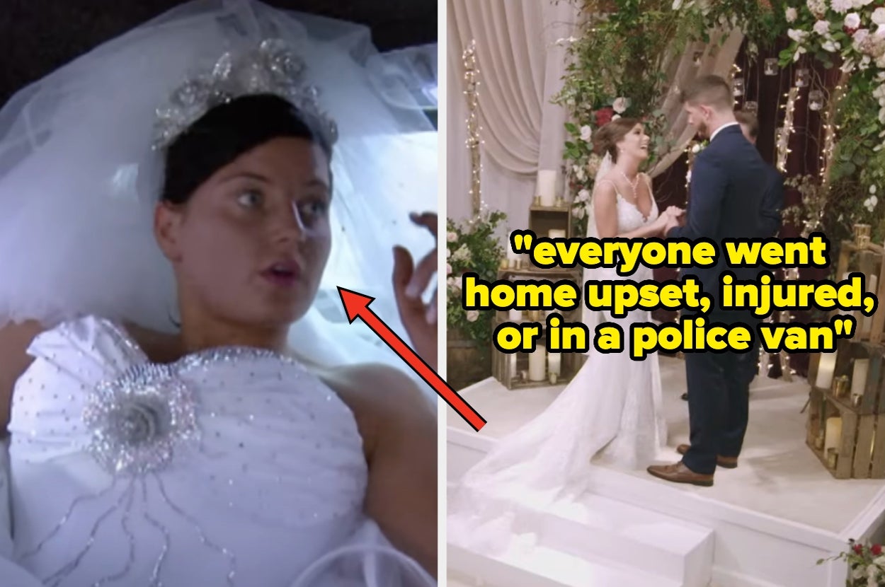 Bride in elaborate gown with jeweled bodice looks surprised; the couple exchanges vows on a floral-decorated altar with humorous text overlay