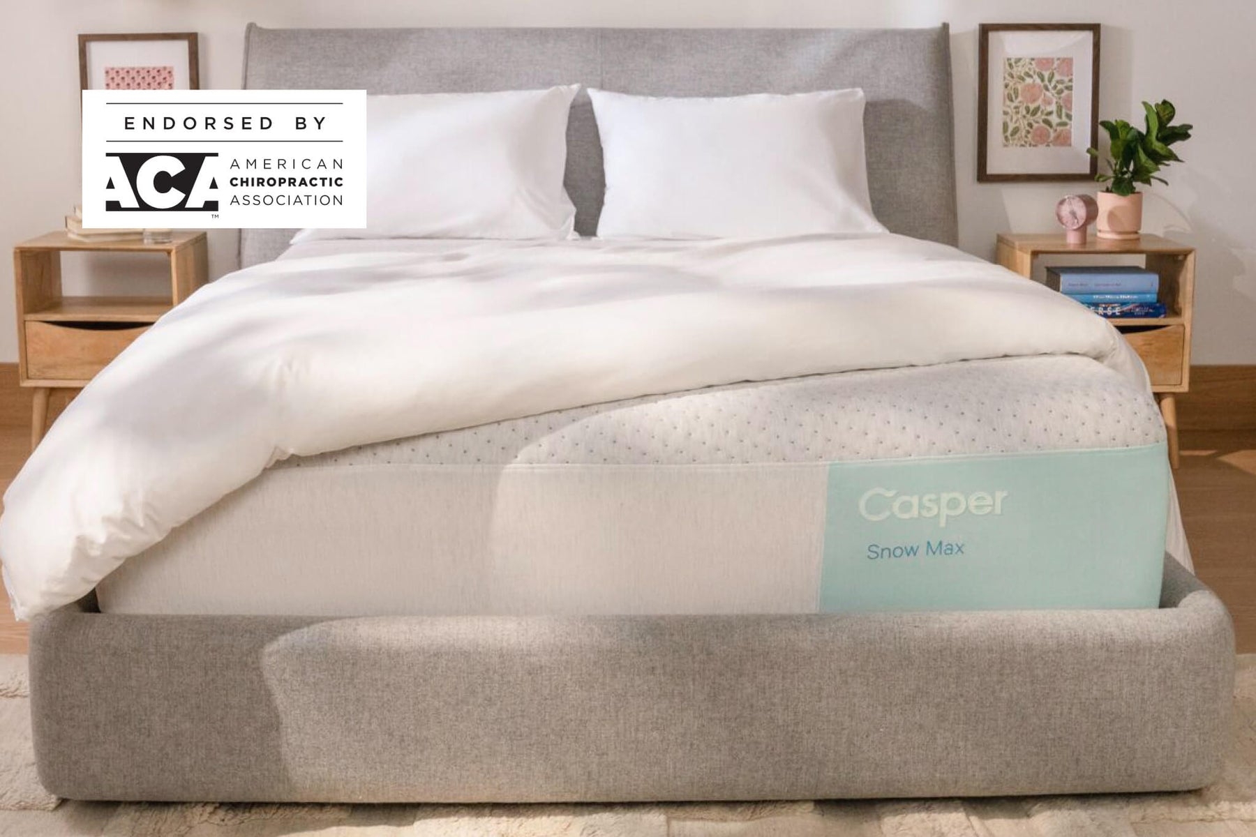 Casper Snow Max mattress on a stylish upholstered bed, endorsed by the American Chiropractic Association. Ideal for a shopping article