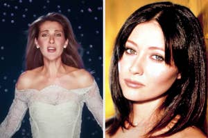 Left: Woman singing passionately in an off-shoulder lace dress. Right: Close-up of a woman with straight hair, looking at the camera
