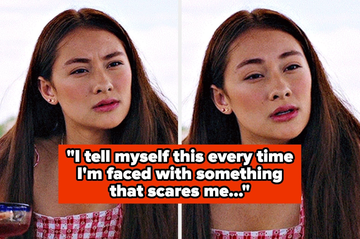 Two images of the same person looking thoughtful, with text: "I tell myself this every time I'm faced with something that scares me..."