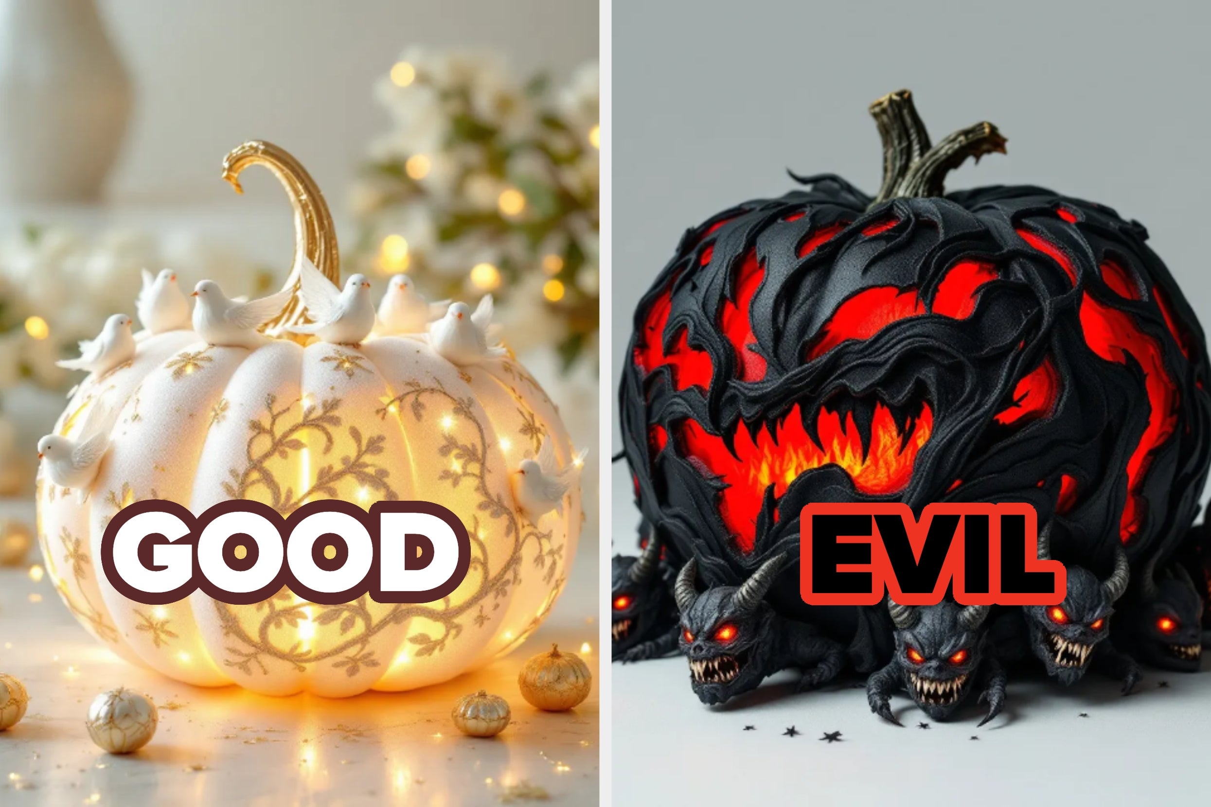 Left: Elegant pumpkin with lights and dove decorations labeled "Good." Right: Dark pumpkin with fire and demons labeled "Evil."