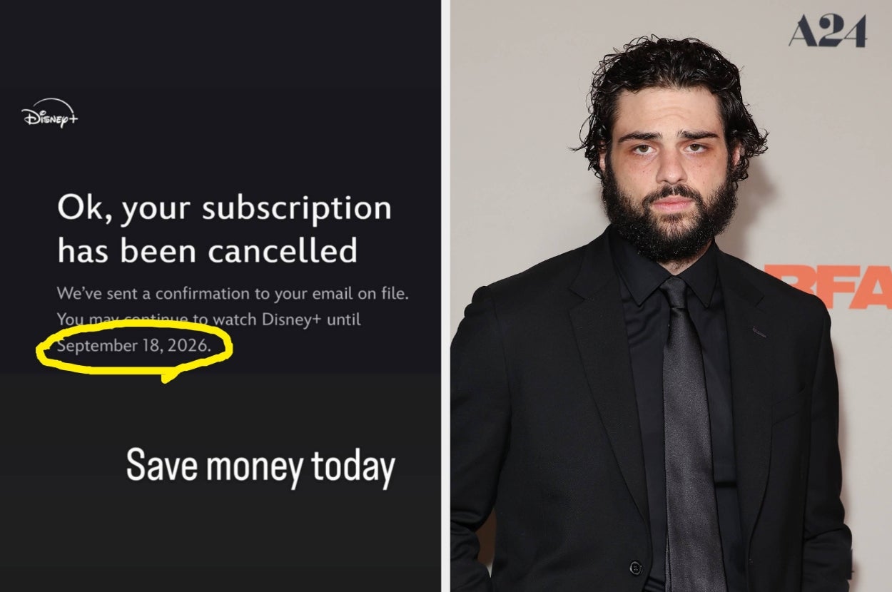 Left: Text about Disney+ subscription cancellation. Right: Person in formal attire at a movie event