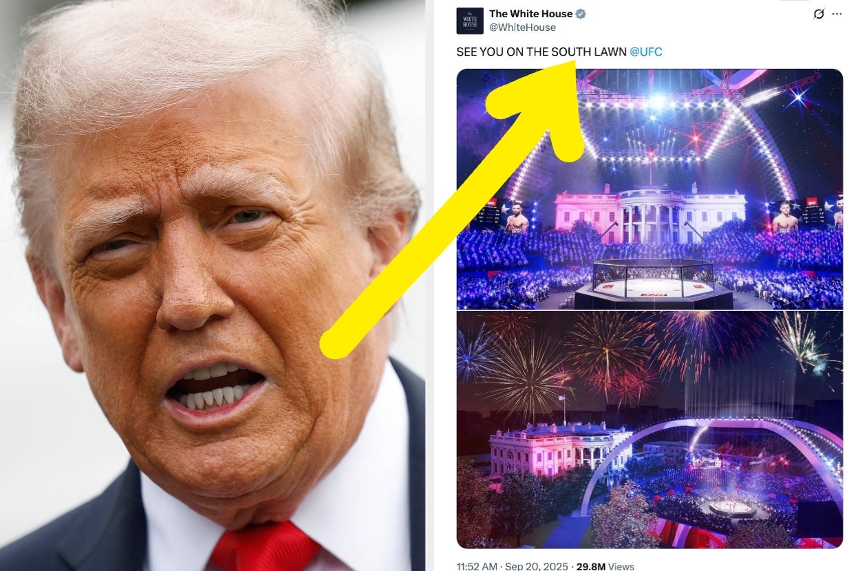 Close-up of a man speaking next to an image of a tweet about a UFC event at the White House with a stadium setup