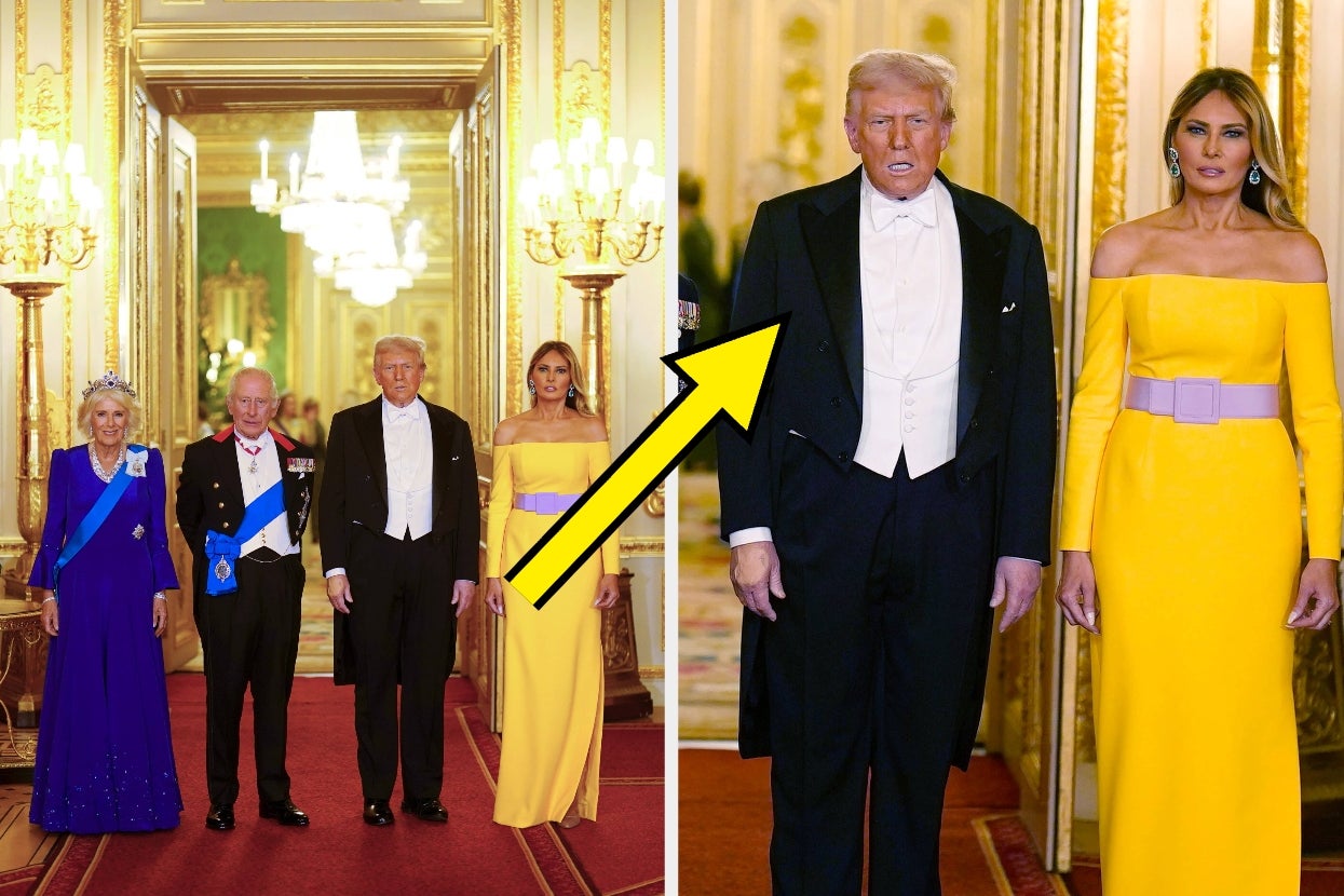 Two couples in formal attire at a lavish event; gowns and tuxedos in an ornate setting with chandeliers. Yellow arrow highlights one pair