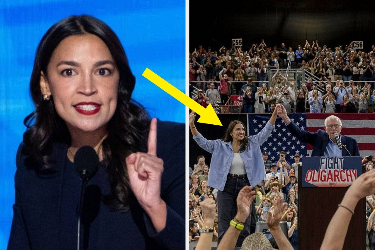 A woman speaks at a podium on the left. On the right, she holds hands with an older man at a rally, standing before a cheering crowd