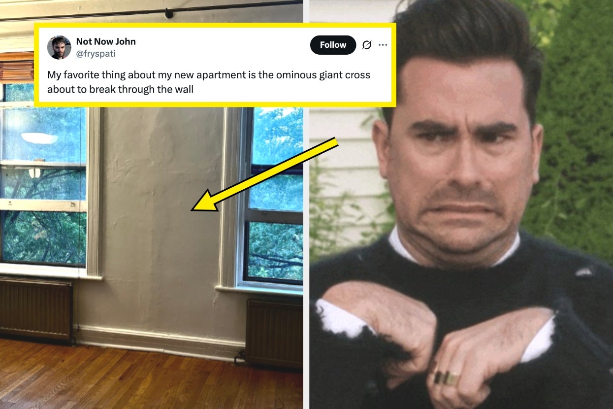 Tweet jokes about a wall's ominous giant cross impression; photo shows person looking worried