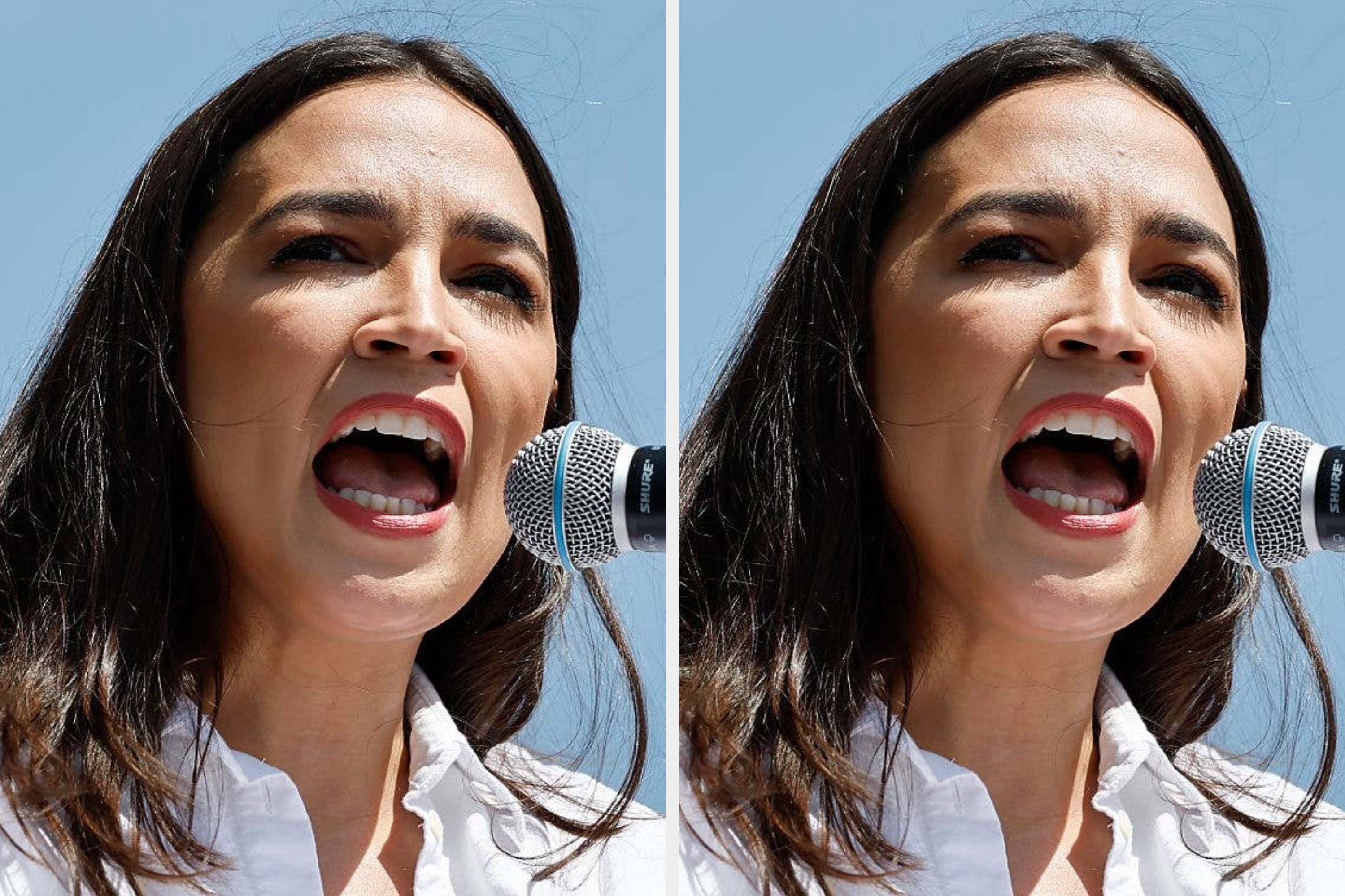 Person speaking passionately into a microphone, outdoors, wearing a white blouse