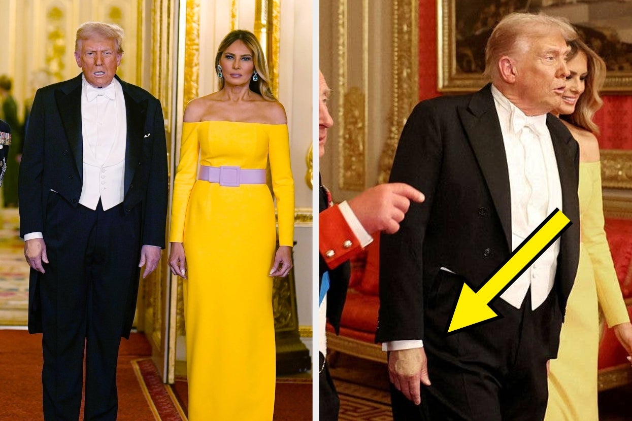 Two people dressed formally; one in a black tailcoat and white bow tie, the other in an off-shoulder gown. An arrow points to the man's hand