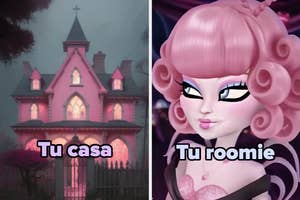 Gothic-style house with pointed roof, next to a cartoonish character with pink, voluminous hair. Text in Spanish: "Tu casa" and "Tu roomie."