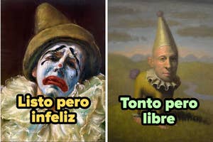 Dos imágenes de payasos: uno triste con la leyenda "Listo pero infeliz" y otro sonriente con "Tonto pero libre", resaltando contrastes emocionales