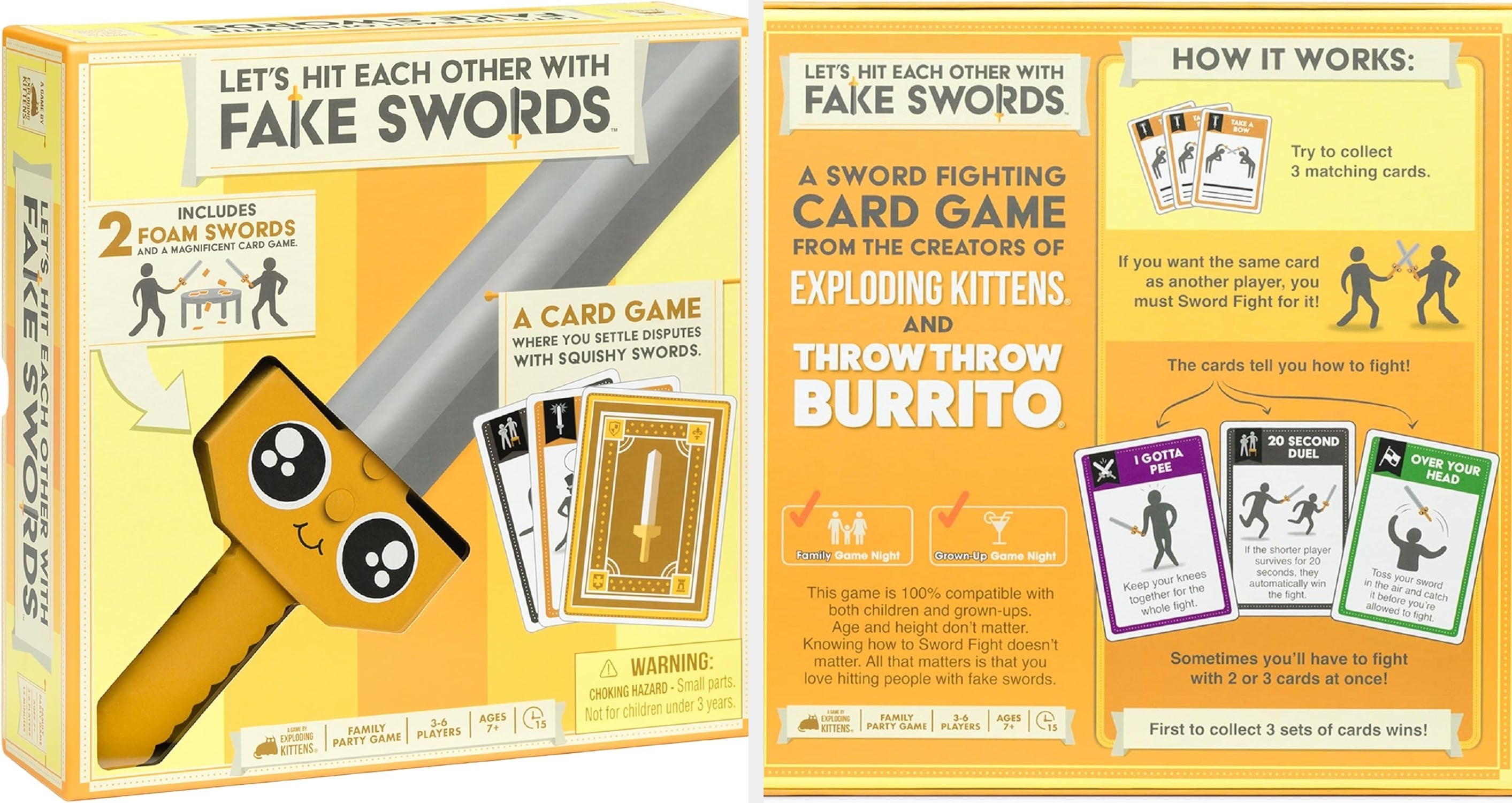 Box of "Let's Fight Each Other with Fake Swords" card game, featuring foam swords and playful packaging