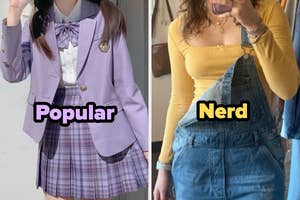 A la izquierda, uniforme escolar elegante; a la derecha, atuendo casual con peto de mezclilla. Texto: "Popular" y "Nerd"