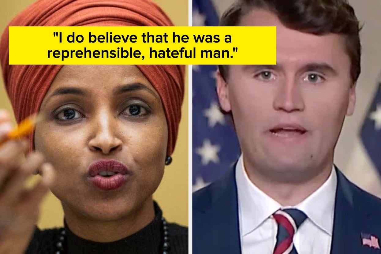 Split image: Left shows a person in a turban, gesturing. Right shows a person in a suit speaking. Overlay text: "I do believe that he was a reprehensible, hateful man."