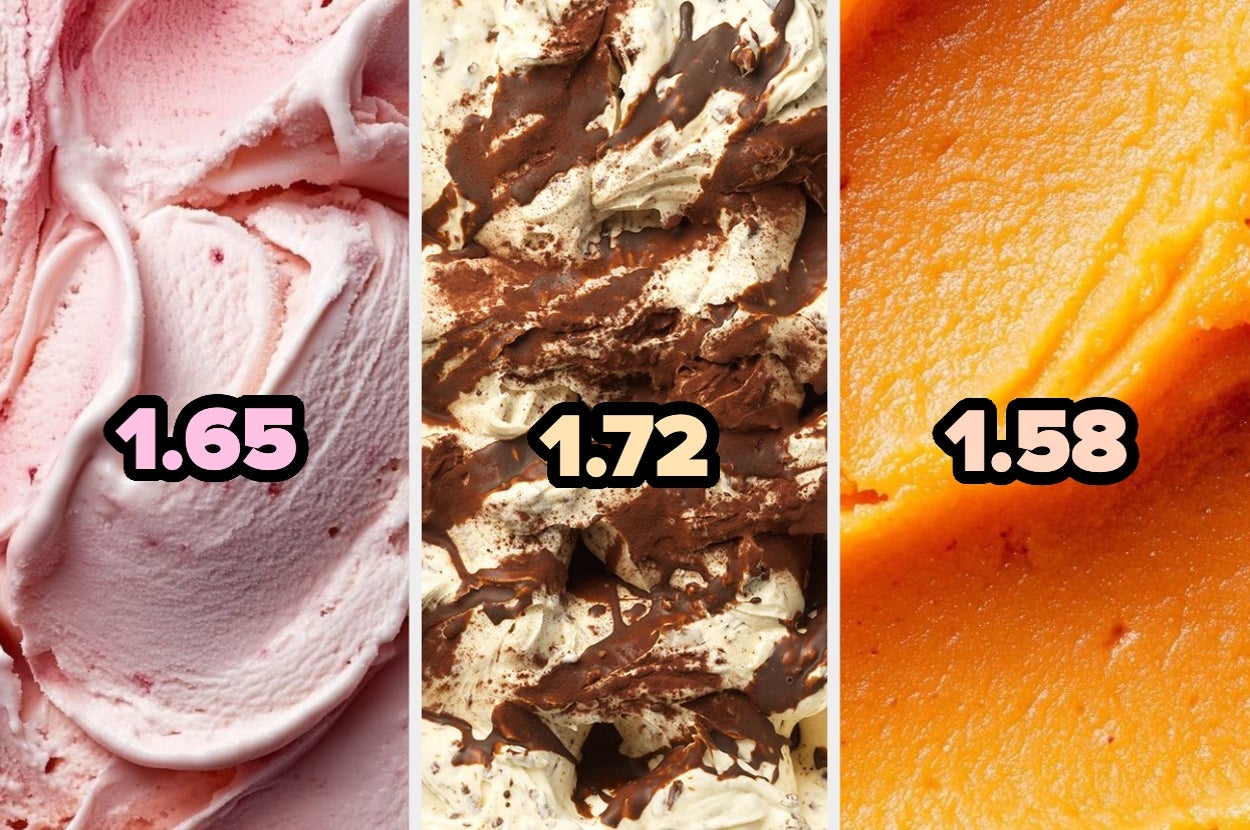 Tres helados: fresa (1.65), chocolate (1.72) y mango (1.58), comparados por precio o calificación