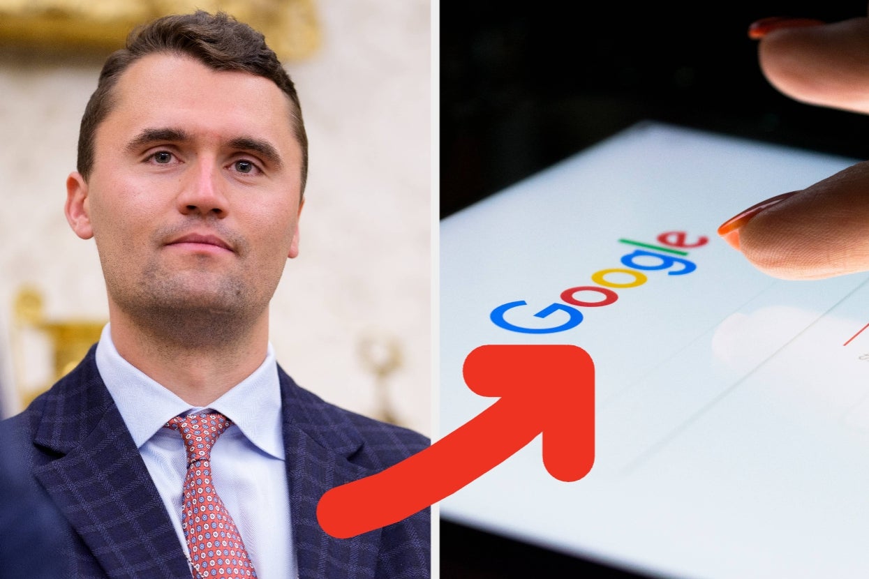 Person in a suit next to an image of a finger pointing at a Google search bar on a screen, with a large red arrow highlighting the bar