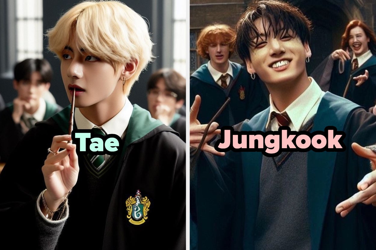 Personas con uniformes de Hogwarts, una sosteniendo una varita pensativamente, la otra sonriendo ampliamente. Texto: "Tae" y "Jungkook"