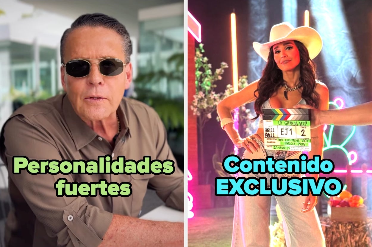A la izquierda, un hombre con gafas de sol, a la derecha, una mujer con un sombrero vaquero sosteniendo una claqueta. Texto: "Personalidades fuertes" y "Contenido EXCLUSIVO"