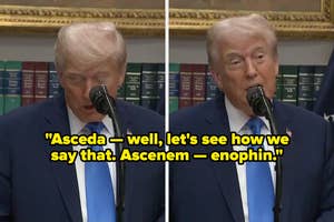 A public figure is shown speaking at a podium. Text overlay humorously depicts a mispronunciation of "Acetaminophen."