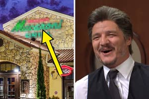 A person smiling next to a blurred image of a restaurant with a distinctive stone exterior and a large arrow pointing to the sign