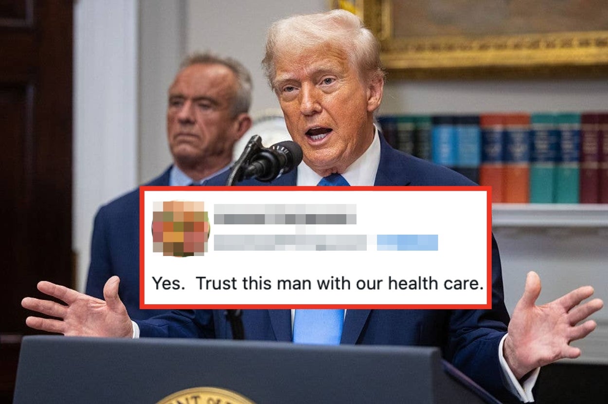 A man in a suit speaks at a podium. Another man in the background looks on. A social media comment overlay reads, "Yes. Trust this man with our health care."