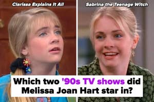 Split image: Left shows a young woman from "Clarissa Explains It All," right shows her from "Sabrina the Teenage Witch." Text identifies '90s shows