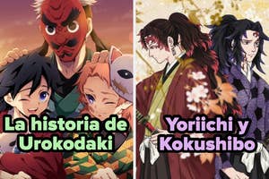 Imagen dividida: Izquierda muestra personajes de anime abrazando, derecha muestra dos personajes de anime con expresión seria y fondo de hojas