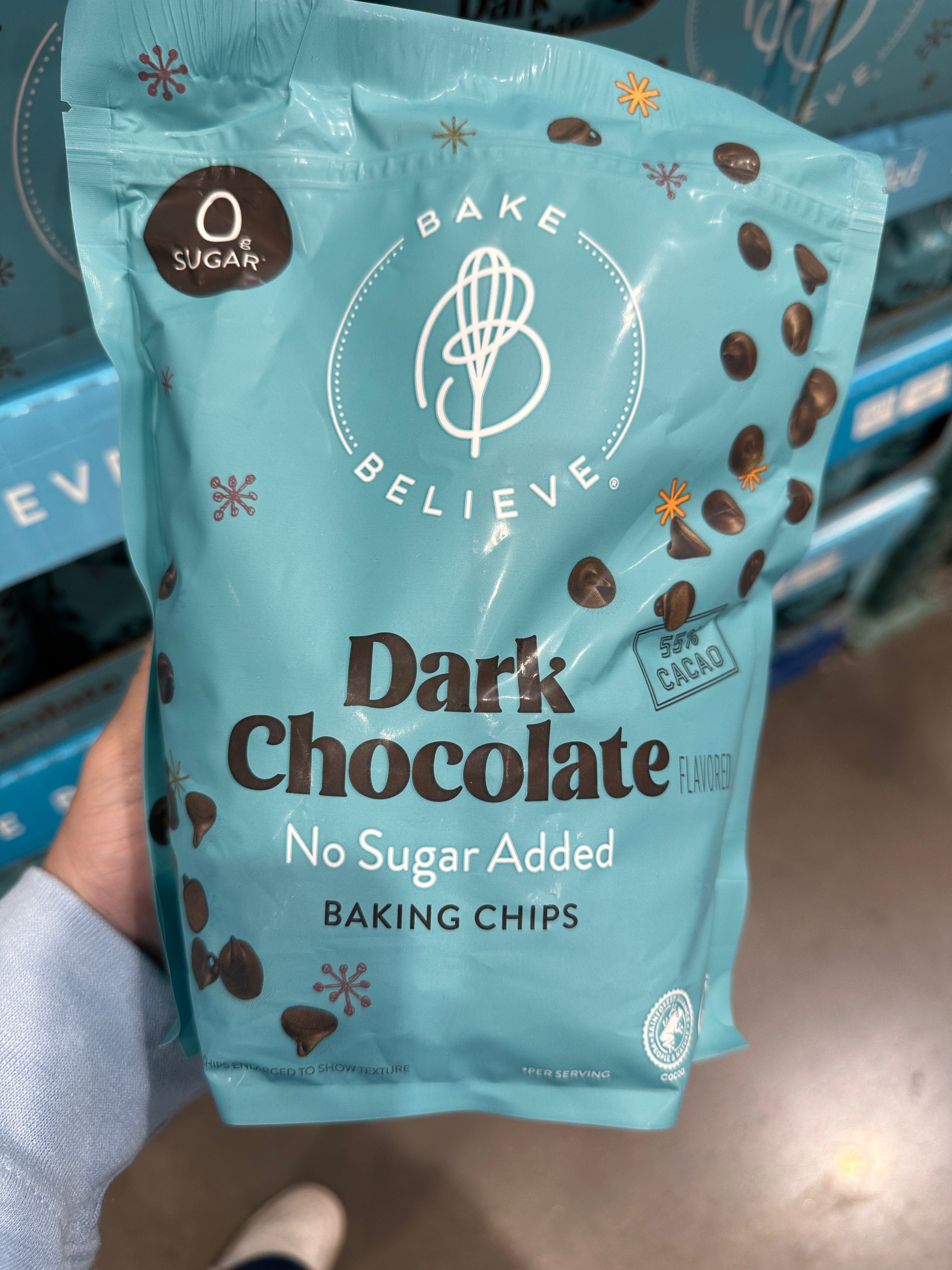 Bag of Bake Believe Dark Chocolate Baking Chips with zero sugar