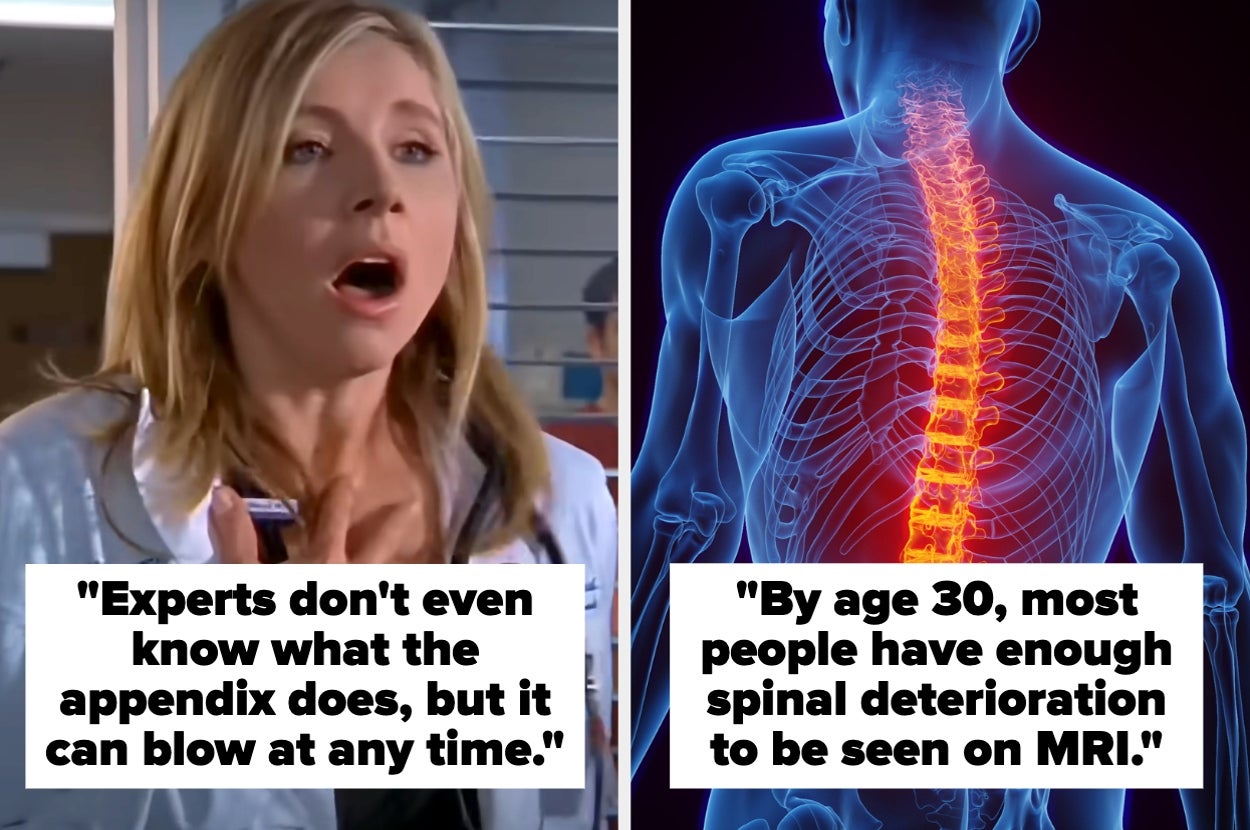 A woman in a medical setting looks surprised. Next to her, an illustration shows a glowing spine with text about appendix uncertainty and spinal deterioration by age 30