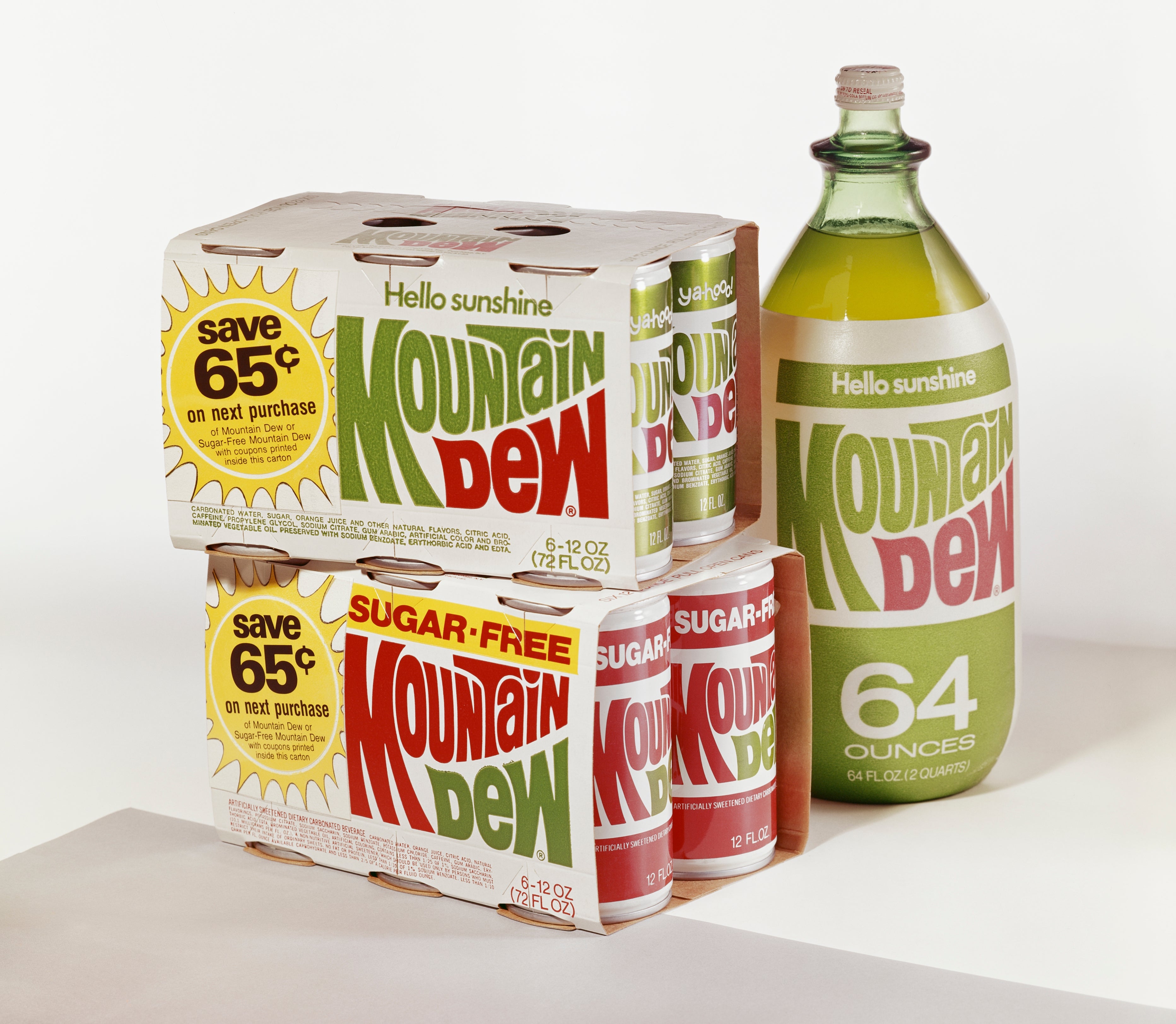 Vintage Mountain Dew packaging featuring soda cans successful 6-packs and a 64 oz bottle, each displaying "Hello sunshine" branding and a acquisition discount
