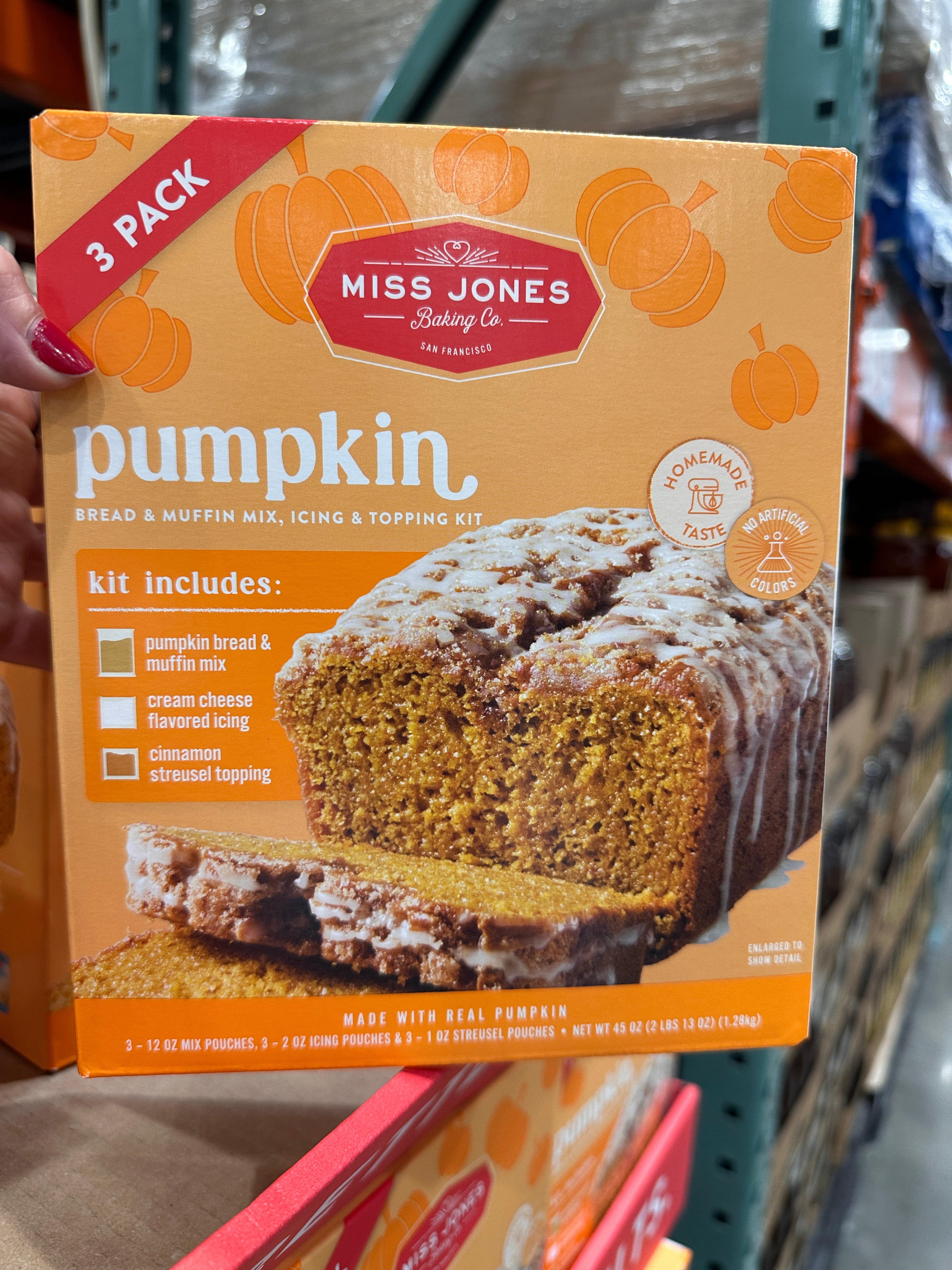 Pumpkin bread and muffin mix box from Miss Jones Baking Co., includes bread mix, cream cheese icing, and cinnamon streusel topping