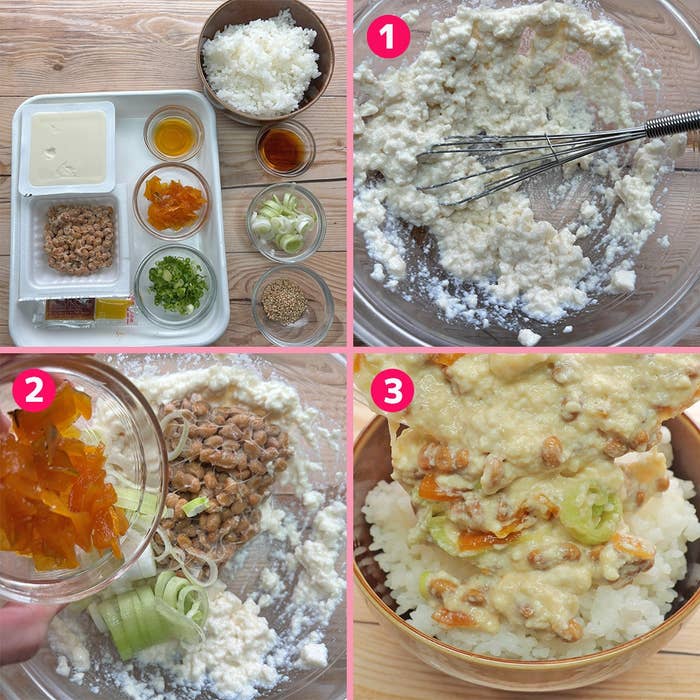料理の手順。1番: ボウルで混ぜる。2番: 野菜と納豆を合わせる。3番: ご飯の上に納豆と具材を盛る。