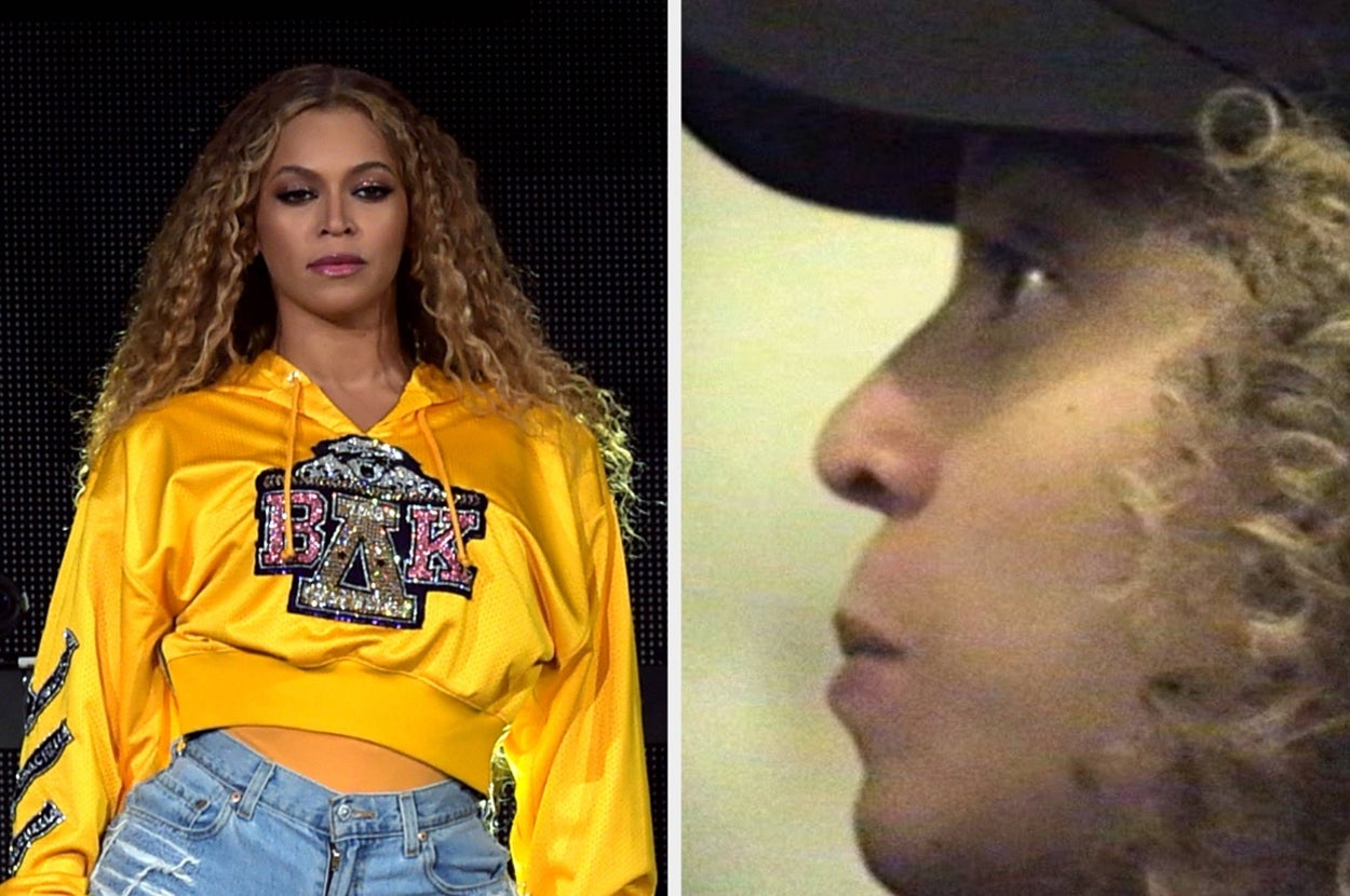 Beyoncé in sequined yellow hoodie and jeans alongside a close-up profile image