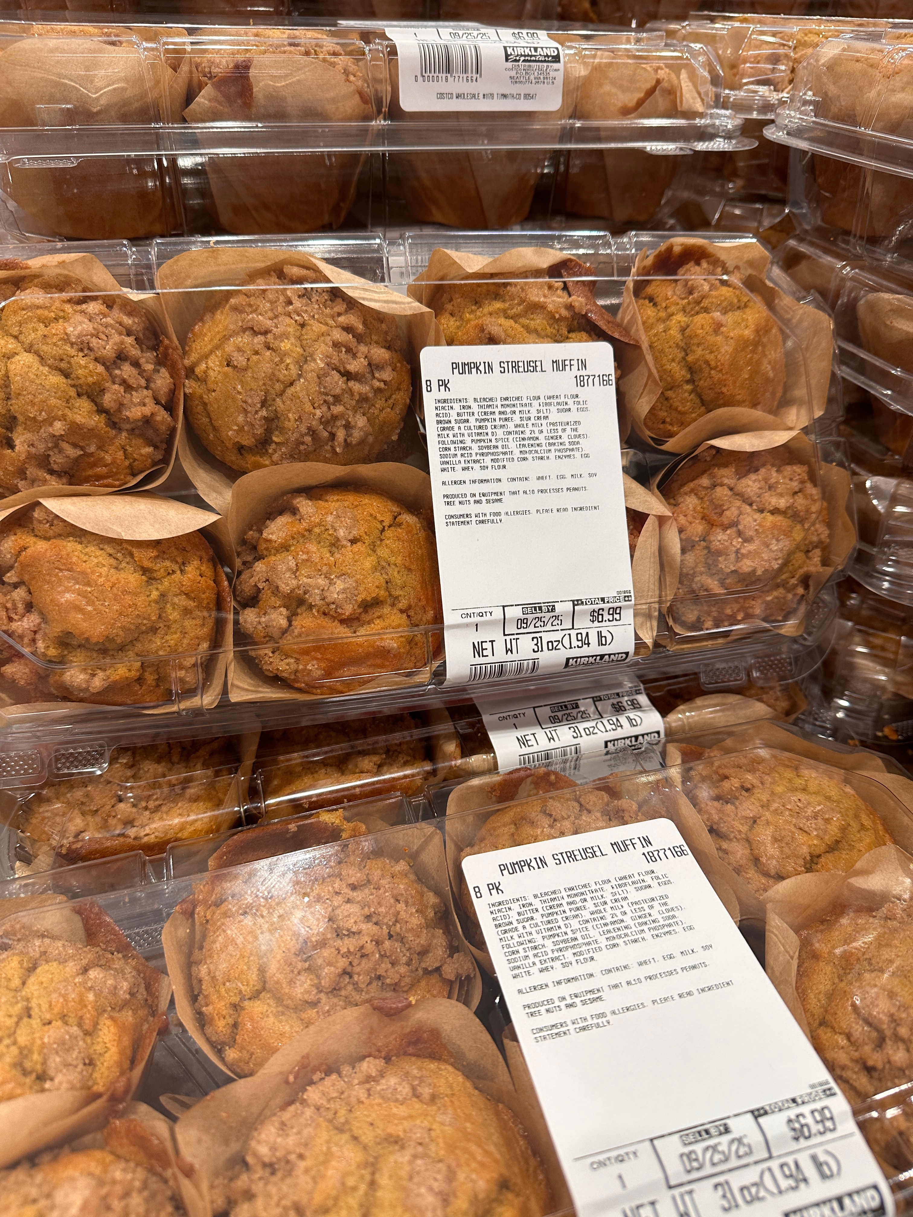 Pumpkin streusel muffins in clear packaging, labeled with ingredients and nutritional information