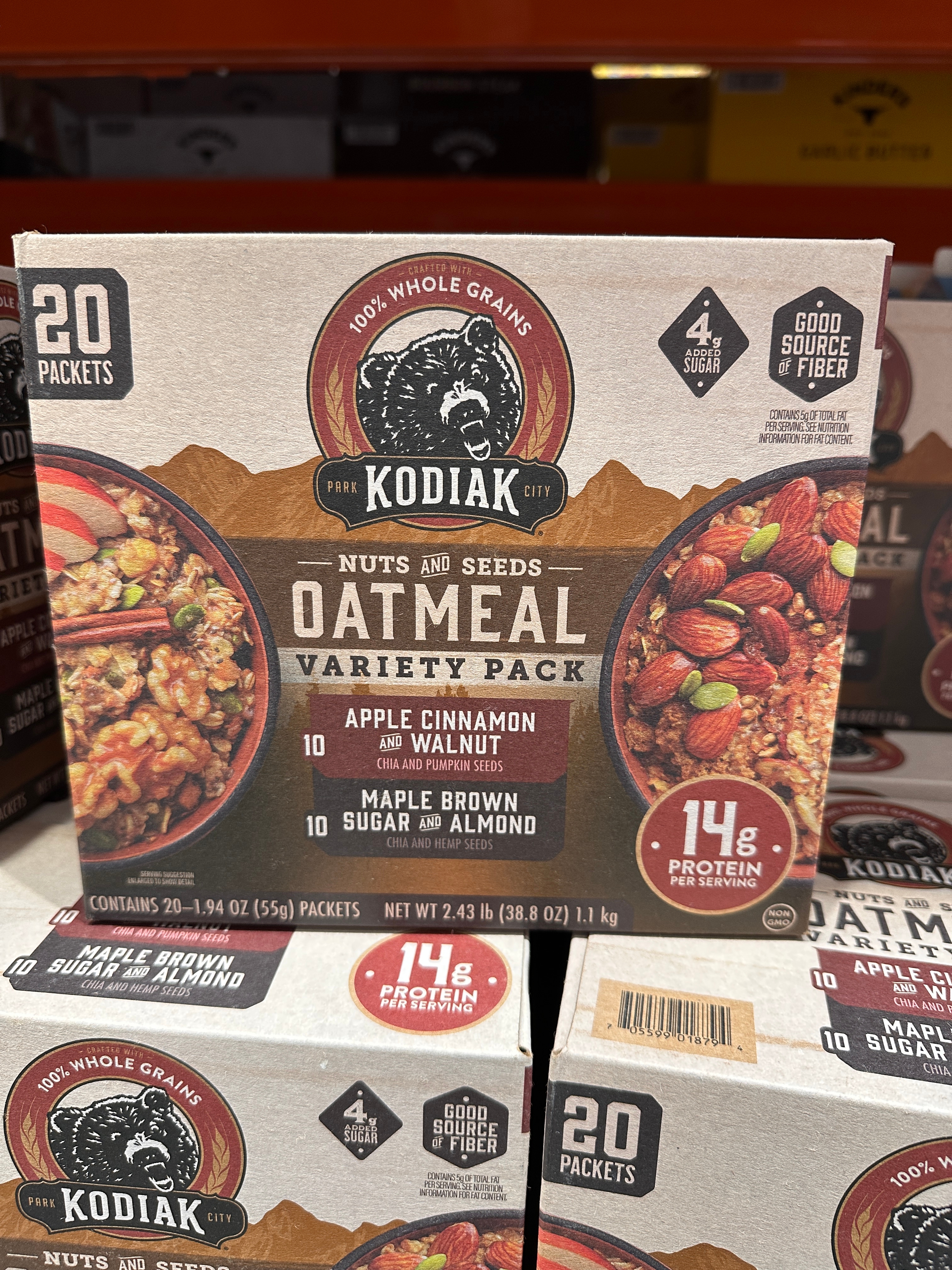 Shelf sign displaying: Kodiak Oatmeal Nuts & Seeds, 20/1.94 oz, price per ounce $4.10, sell price $15.89