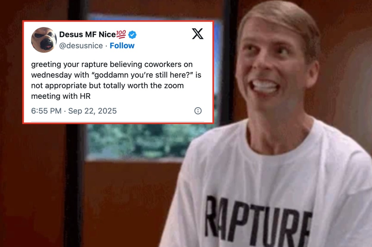 A person eagerly smiling with a tweet that humorously suggests surprising coworkers in a meeting with a rapture-related joke
