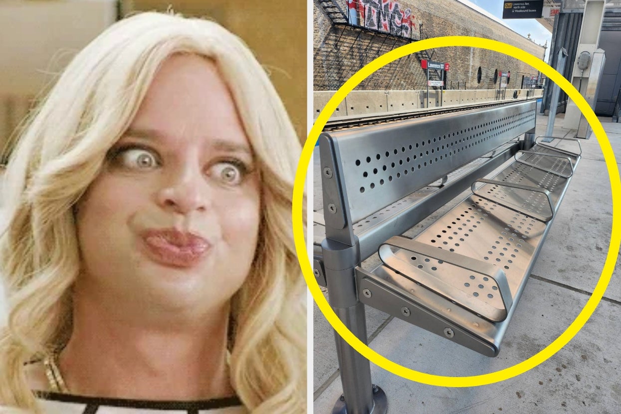 Left: Person making a humorous face with wide eyes and pursed lips. Right: A bench with individual seats, highlighted in yellow, at a bus stop