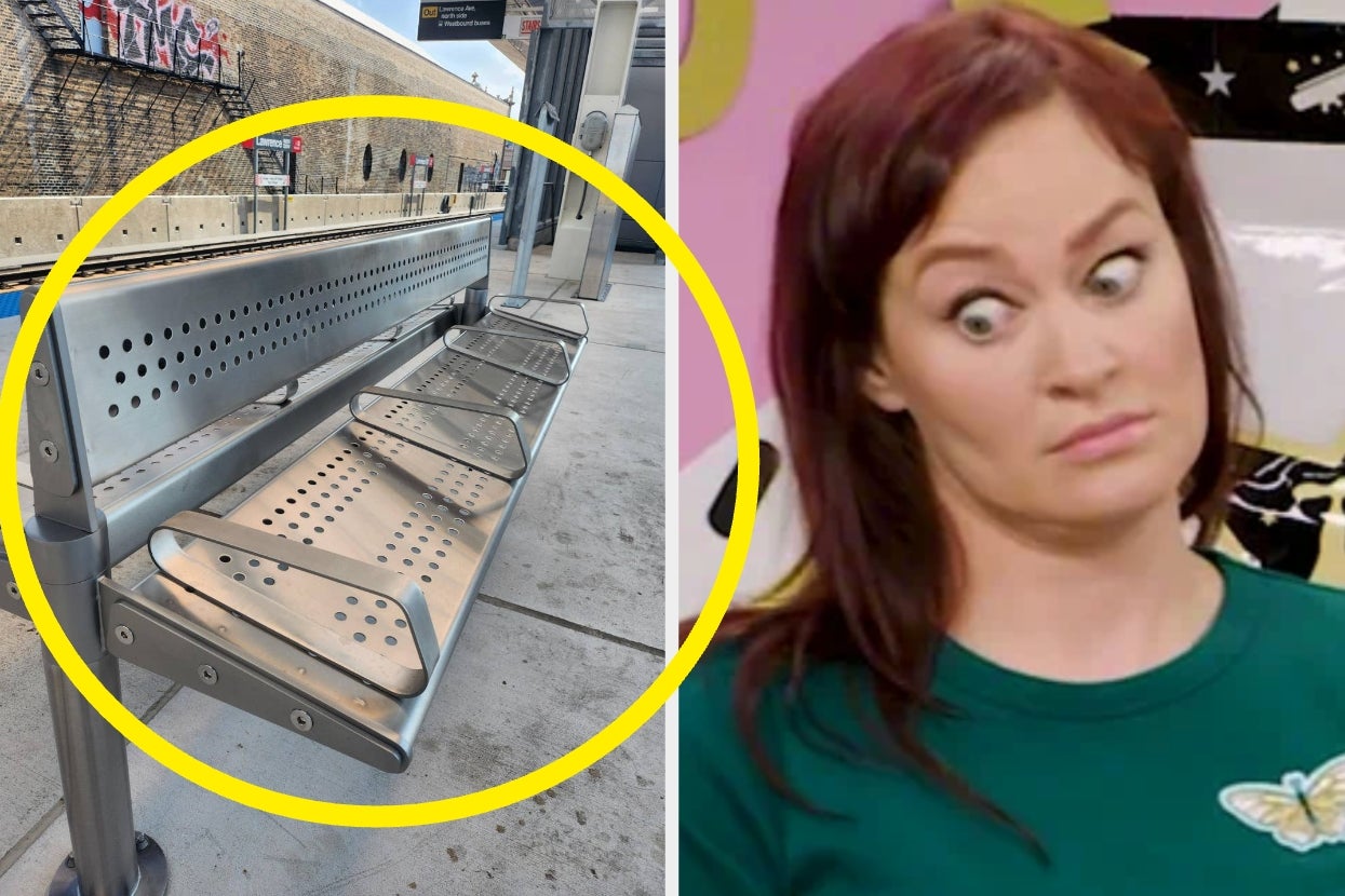 Left: Bench with dividers preventing lying down. Right: Person reacting with a skeptical expression