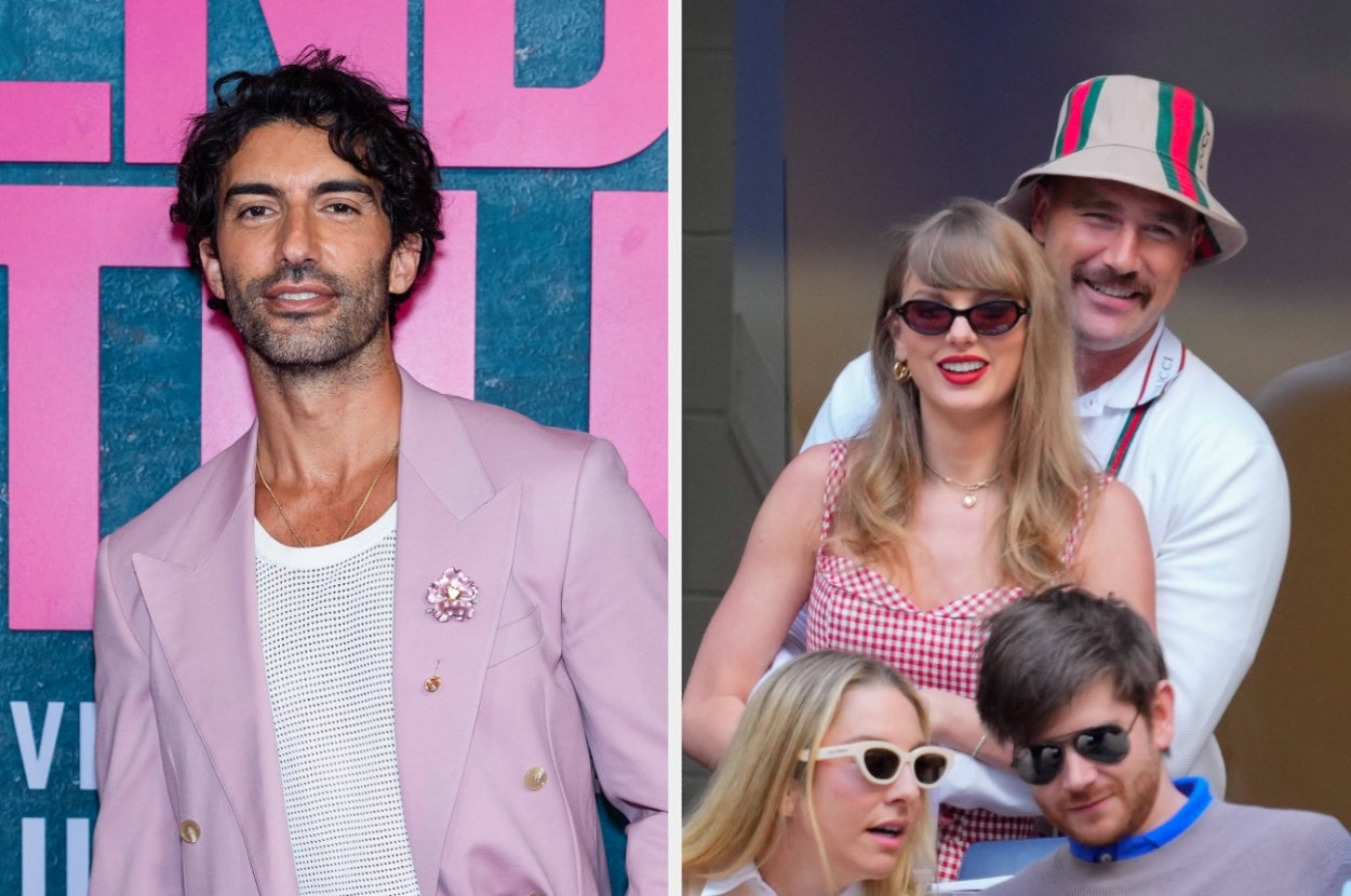 Two separate images: Left shows a man in a light suit on a red carpet. Right shows a group with a woman in a checked dress and sunglasses enjoying an event